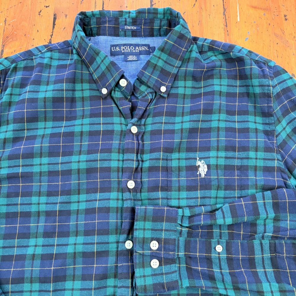 US Polo Assn Men L Plaid Button Down Shirt Stretch Long Sleeve Casual Green Blue